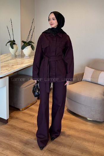 Lamelif Bağlama Detaylı Kot Takım Mürdüm