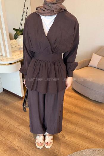 Bitter Brown V Neck Long Arm Modal Elastic Trousers Comfortable Suit