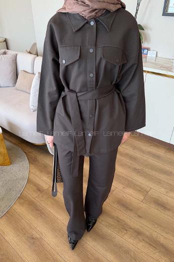 Lamelif Çıtçıtlı Gabardin Takım Koyu Kahverengi