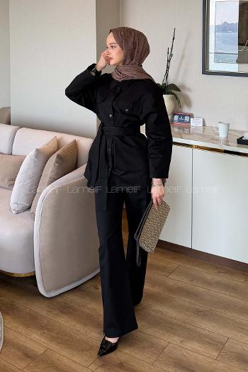 Black Shirt Collar Long Arm Gabardin Regular Trousers Linen Suit