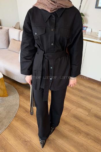 Black Shirt Collar Long Arm Gabardin Regular Trousers Linen Suit