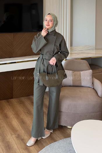 Khaki Mandarin Collar Long Arm Gabardin Regular Trousers Linen Suit