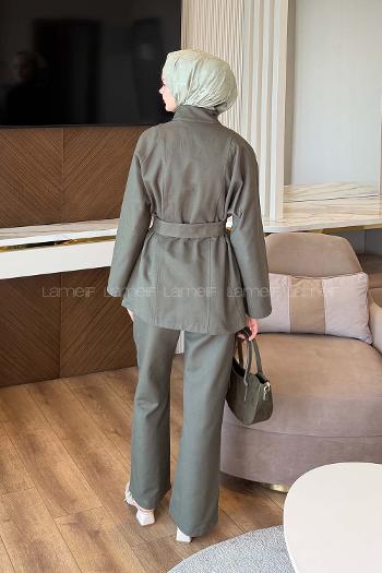Khaki Mandarin Collar Long Arm Gabardin Regular Trousers Linen Suit