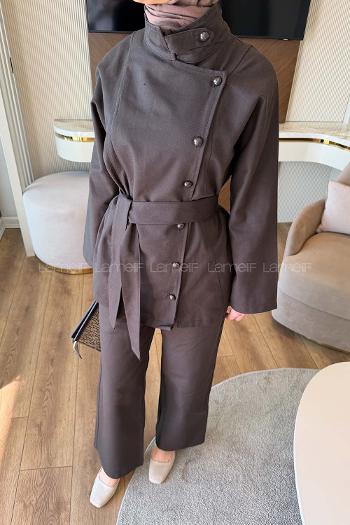 Dark Brown Mandarin Collar Long Arm Gabardin Regular Trousers Linen Suit