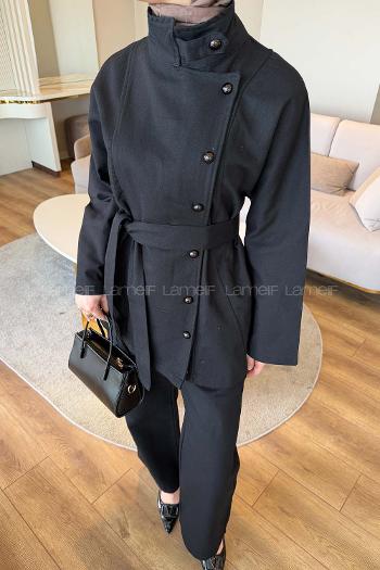 Black Mandarin Collar Long Arm Gabardin Regular Trousers Linen Suit