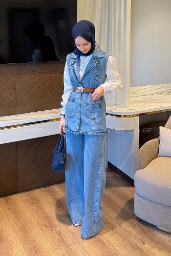 Lamelif Kemerli Yelek-Pantolon Takım Buz Mavisi