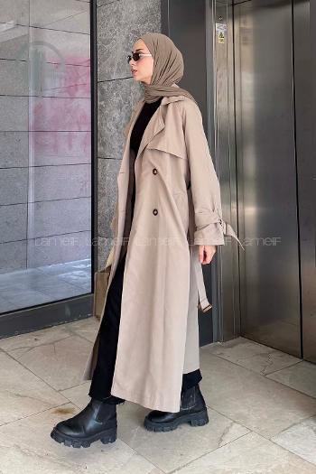 Lamelif Kol Kemerli Trençkot Vizonrengi