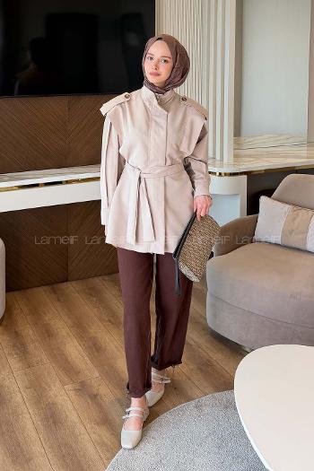 Lamelif Kol Pileli Omuz Apolelti Trenç Taş Rengi