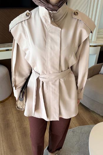 Lamelif Kol Pileli Omuz Apolelti Trenç Taş Rengi