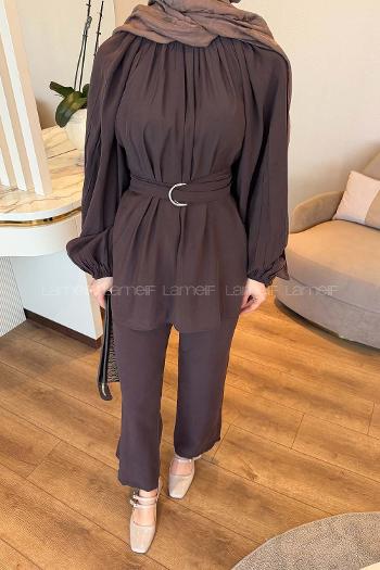 Dark Brown Crew Neck Long Arm Modal Regular Trousers Comfortable Suit
