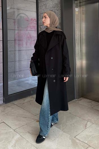 Black Reglan Sleeveless Arm Without Accessories Poplin Fabric Trench Coat