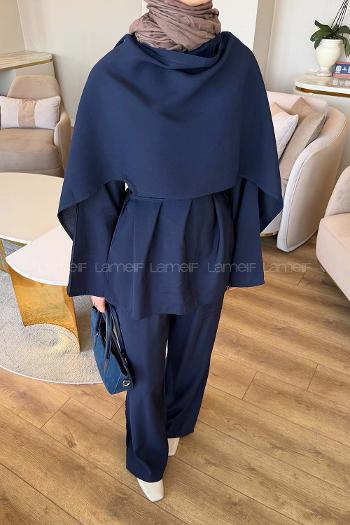 Navy Blue Crew Neck Long Arm Viscose Fabric Regular Trousers Comfortable Suit
