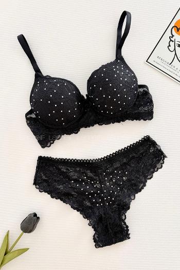 Lamelif Taşlı Dantelli Destekli Sütyen Takım