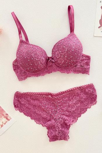 Lamelif Taşlı Dantelli Destekli Sütyen Takım