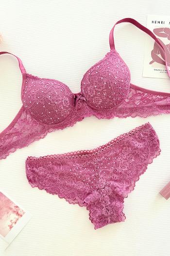 Lamelif Taşlı Dantelli Destekli Sütyen Takım