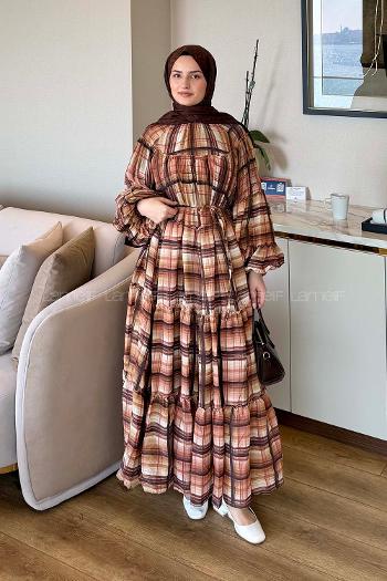 Plaid Brown Crew Neck Naylon Dresess
