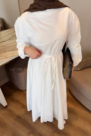Lamelif Bel Büzgülü Elbise Beyaz