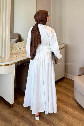 Lamelif Bel Büzgülü Elbise Beyaz