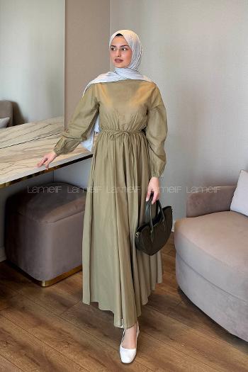 Lamelif Bel Büzgülü Elbise Haki