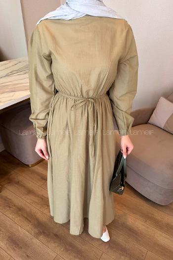 Lamelif Bel Büzgülü Elbise Haki