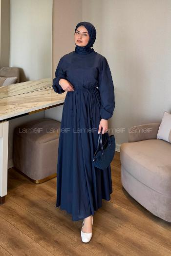 Lamelif Bel Büzgülü Elbise Lacivert
