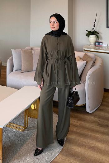 Khaki Neckband Long Arm Tensel Regular Trousers Comfortable Suit
