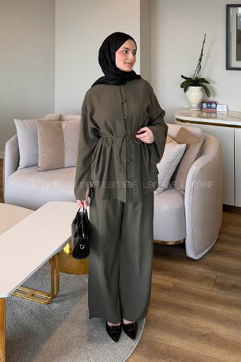 Khaki Neckband Long Arm Tensel Regular Trousers Comfortable Suit