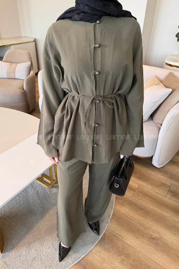 Khaki Neckband Long Arm Tensel Regular Trousers Comfortable Suit