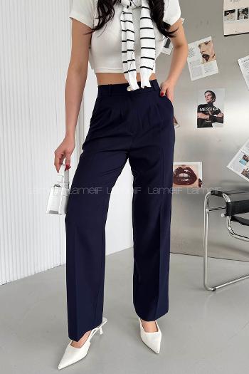 Navy Blue Cotton Polyester High Waist Material Pants