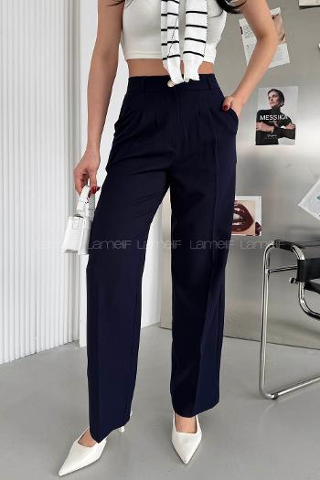 Navy Blue Cotton Polyester High Waist Material Pants