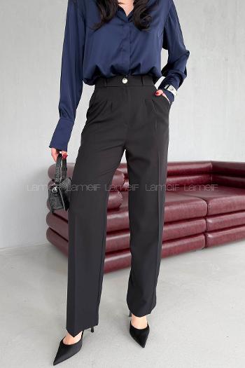 Black Cotton Polyester High Waist Material Pants
