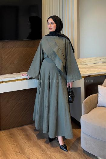 Khaki Shirt Collar Long Arm Linen Straight Skirt Suit