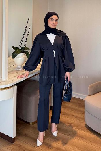 Lamelif Taşlı Düğme Detaylı Takım Lacivert