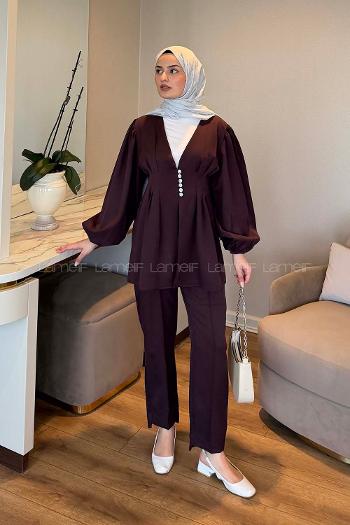 Lamelif Taşlı Düğme Detaylı Takım Mürdüm