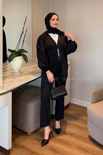 Lamelif Taşlı Düğme Detaylı Takım Siyah