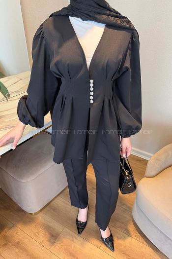 Lamelif Taşlı Düğme Detaylı Takım Siyah