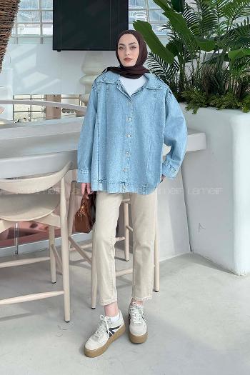 Lamelif Apolet Detaylı Kot Ceket Buz Mavisi