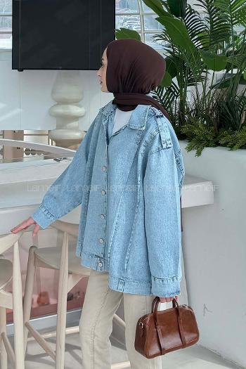 Lamelif Apolet Detaylı Kot Ceket Buz Mavisi