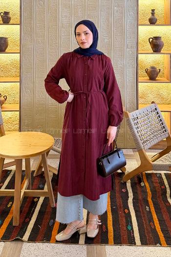 Lamelif Arka Roba Büzgü Detaylı Elbise Bordo