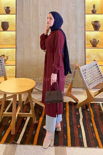 Lamelif Arka Roba Büzgü Detaylı Elbise Bordo