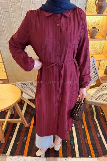 Lamelif Arka Roba Büzgü Detaylı Elbise Bordo