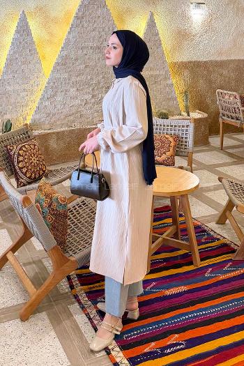 Lamelif Arka Roba Büzgü Detaylı Elbise Taş Rengi