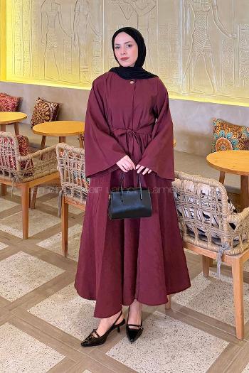 Claret Red Medium Crew Neck Long Arm Cotton Skirt Suit