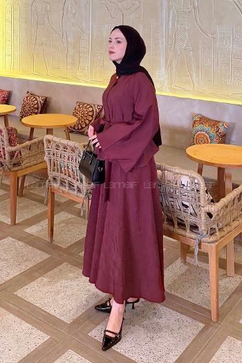 Claret Red Medium Crew Neck Long Arm Cotton Skirt Suit