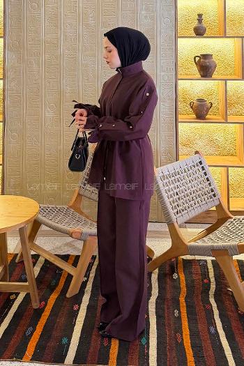 Lamelif Bağlama Detaylı Etekli Takım Mürdüm