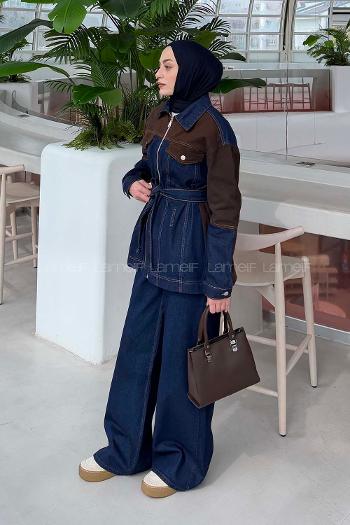 Lamelif Bağlama Detaylı Garnili Takım Kot Mavisi