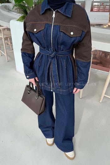 Lamelif Bağlama Detaylı Garnili Takım Kot Mavisi