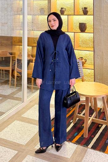 Navy Blue V Neck Long Arm Linen Polyester Regular Trousers Linen Suit