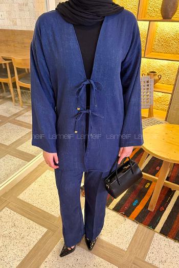 Navy Blue V Neck Long Arm Linen Polyester Regular Trousers Linen Suit