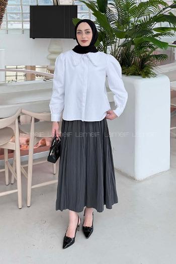 Lamelif Bebe Yaka Dantel Dikişli Gömlek Beyaz